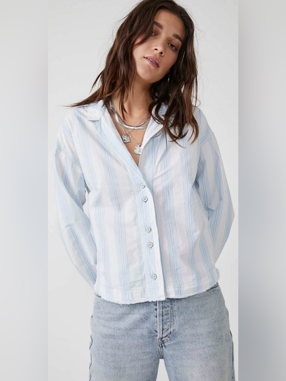 Free People We The Free Kelia Stripe Trapeze Shirt Blue White Small Cotton
